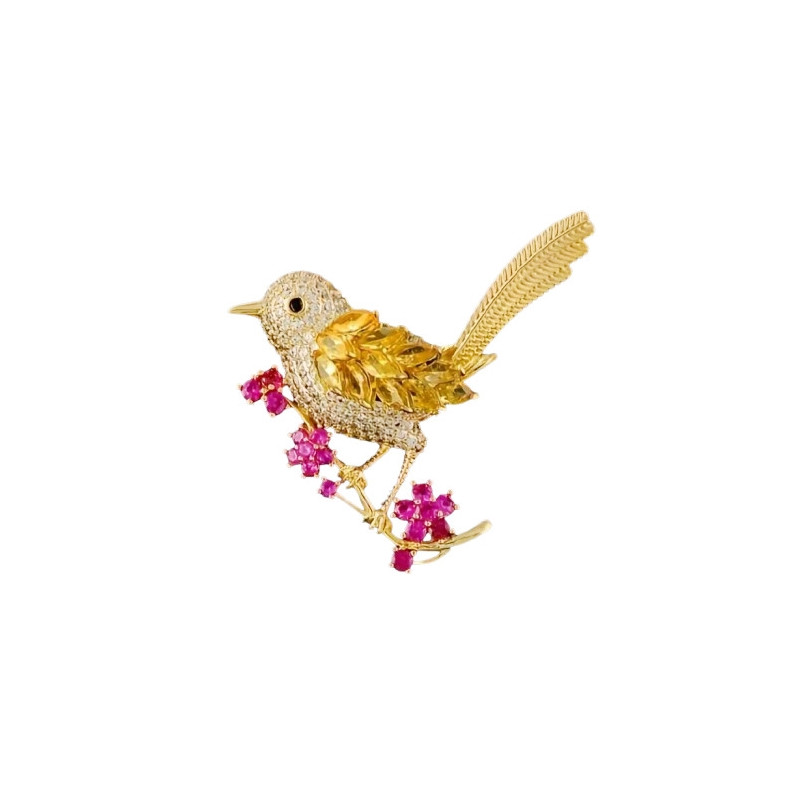 Brooch - Small bird - Black white yellow