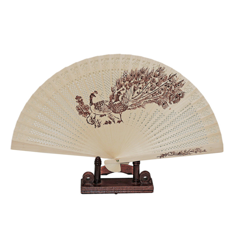  Wooden fan with punched motif [M15] - Peacocks