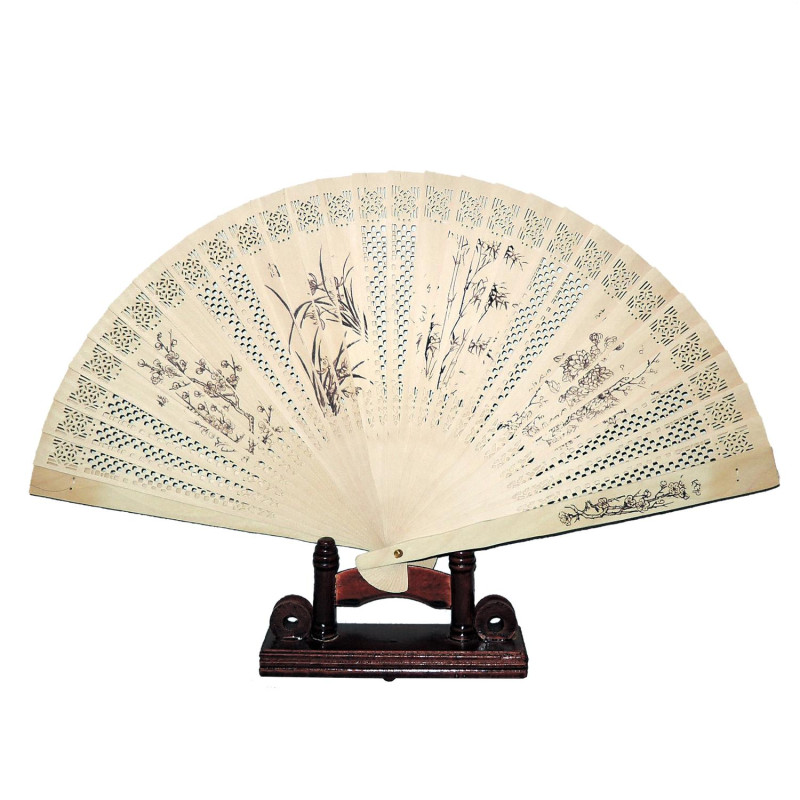 Wooden fan with punched motif [M17] - Four flowers