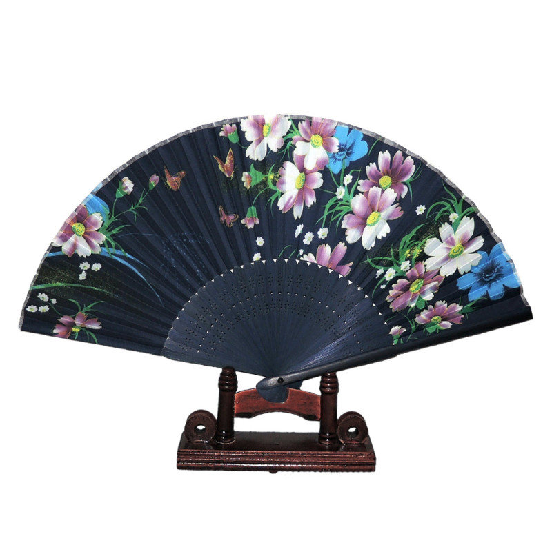  Fan - Oriental Winds [M14] - Dark blue with pink flowers