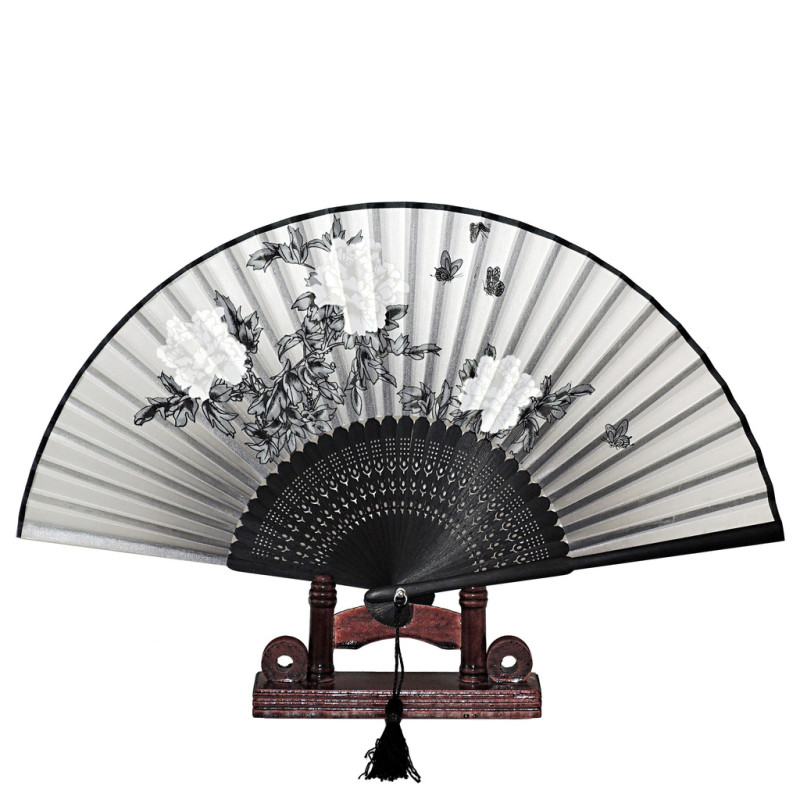 Fan - Oriental Winds [M23] - Grey with white flowers