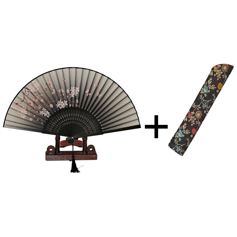 Fan with case - Butterflies with flowers [M10] - Black