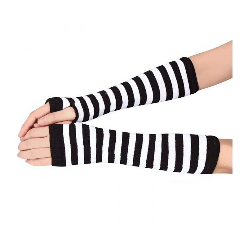  Arm warmers striped, fingerless & long - Black/white [32cm]