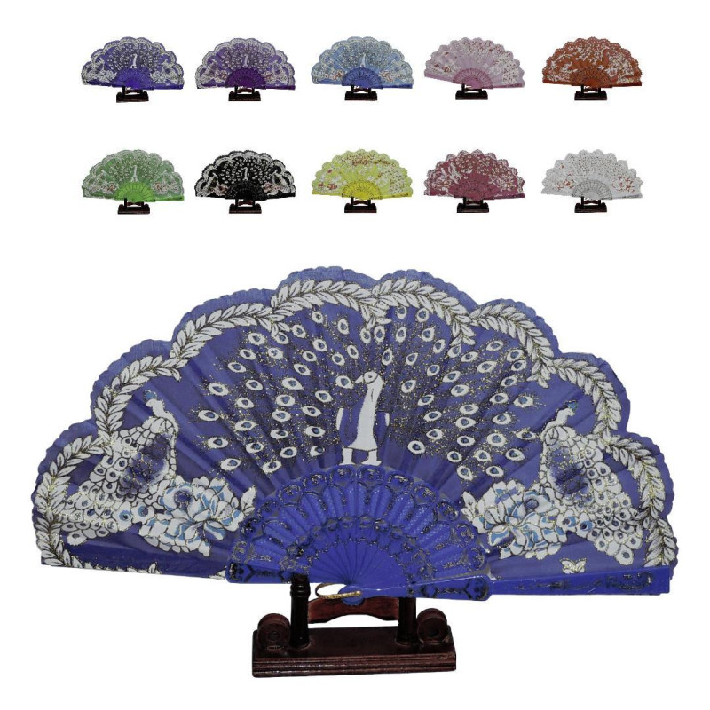  Fan - Glitter - Peacock with plastic base - Sun feathers - Multiple color choices