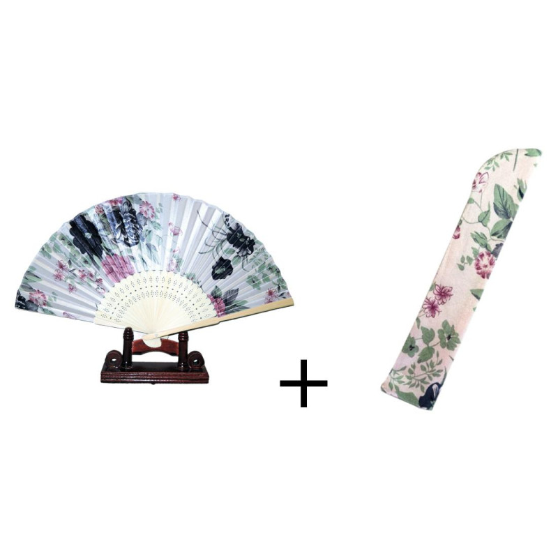  Fan - Flowers [Light] with case - White/pink/blue