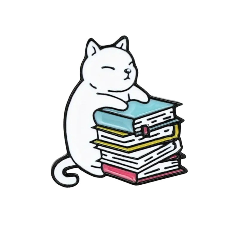 Brooch - Pin - Cat with book - White