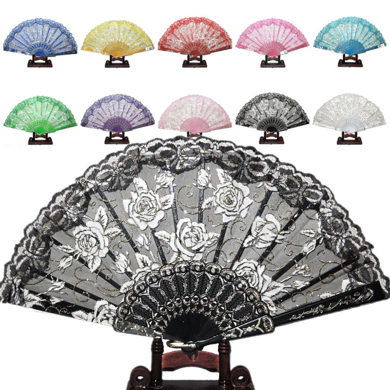  Fan - Lace with white gold roses - Sun feathers - Multiple color choices